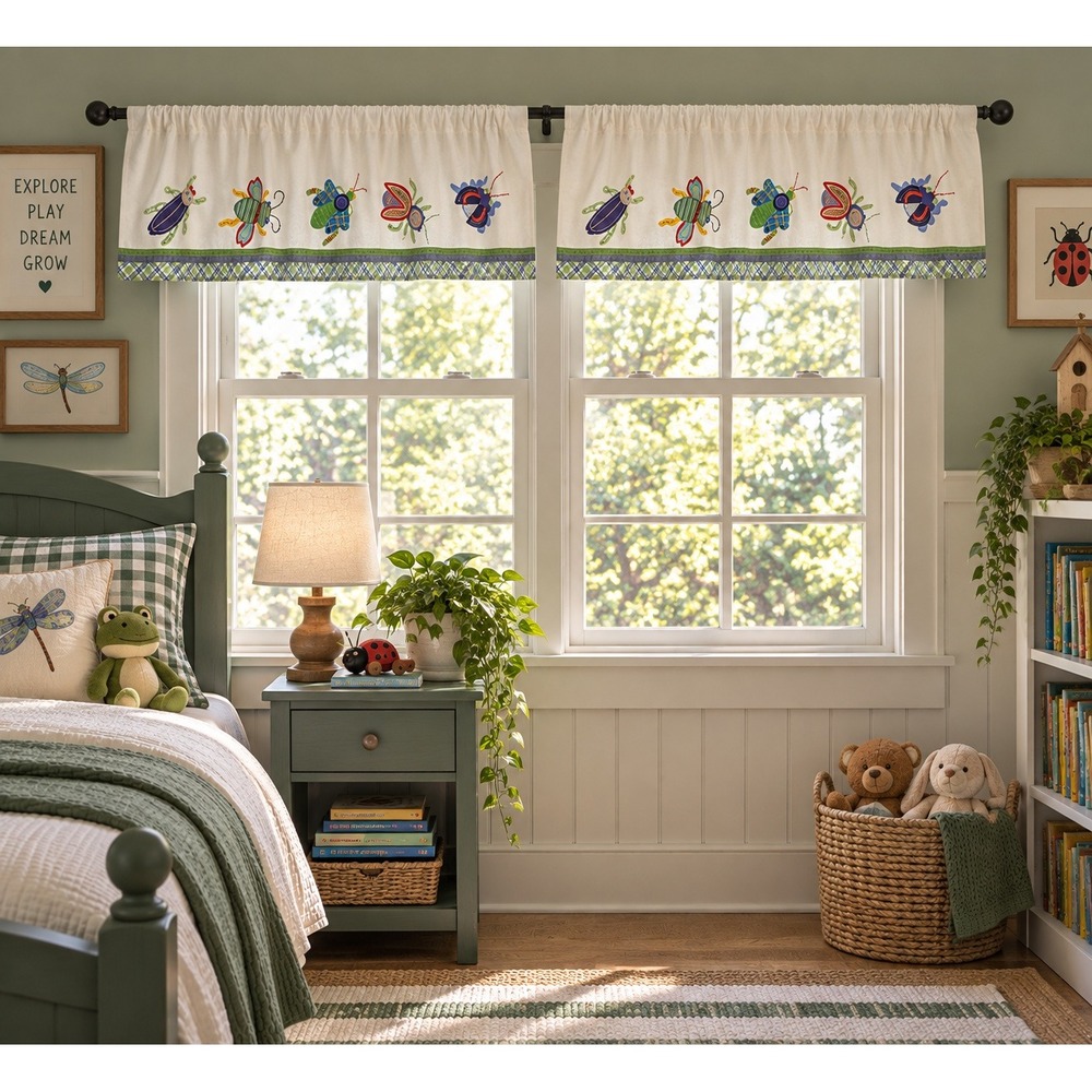 Pottery Barn Kids 2 Panels 18x44 White Embroidered Insect Bug Window Valance